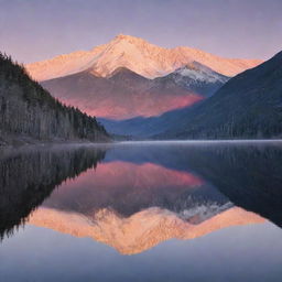 A serene landscape image with snowy mountains reflected in a clear, tranquil lake at dawn, with a rosy sunrise peeking over the highest peak.