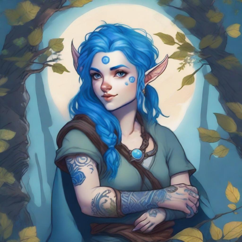 A Dungeons & Dragons halfling moon druid with dark features, intricate star map tattoos covering their arms and shoulders, and striking blue hair