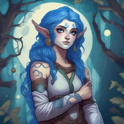 A Dungeons & Dragons halfling moon druid with dark features, intricate star map tattoos covering their arms and shoulders, and striking blue hair