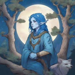 A Dungeons & Dragons halfling moon druid with dark features, intricate star map tattoos covering their arms and shoulders, and striking blue hair