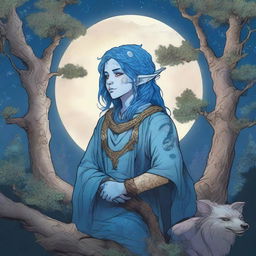 A Dungeons & Dragons halfling moon druid with dark features, intricate star map tattoos covering their arms and shoulders, and striking blue hair