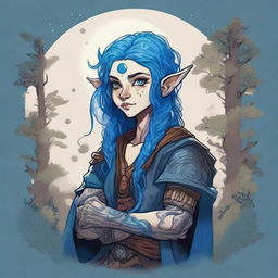 A Dungeons & Dragons halfling moon druid with dark features, intricate star map tattoos covering their arms and shoulders, and striking blue hair