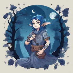 A Dungeons & Dragons halfling moon druid with dark features, intricate star map tattoos covering their arms and shoulders, and dark blue hair that looks like the night sky