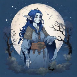 A Dungeons & Dragons halfling moon druid with dark features, intricate star map tattoos covering their arms and shoulders, and dark blue hair that looks like the night sky