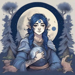 A Dungeons & Dragons halfling moon druid with dark features, intricate star map tattoos covering their arms and shoulders, and dark blue hair that looks like the night sky