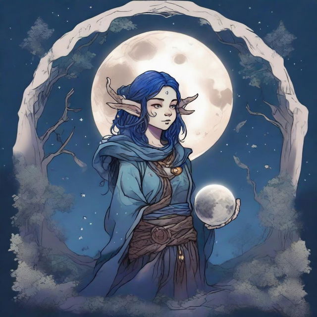 A Dungeons & Dragons halfling moon druid with dark features, intricate star map tattoos covering their arms and shoulders, and dark blue hair that looks like the night sky