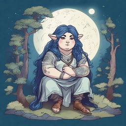 A chubby Dungeons & Dragons halfling moon druid with dark features, intricate star map tattoos covering their arms and shoulders, and dark blue hair