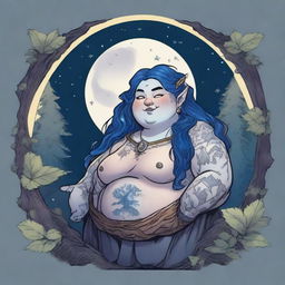 A chubby Dungeons & Dragons halfling moon druid with dark features, intricate star map tattoos covering their arms and shoulders, and dark blue hair