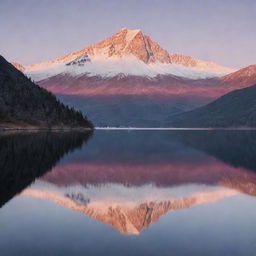 A serene landscape image with snowy mountains reflected in a clear, tranquil lake at dawn, with a rosy sunrise peeking over the highest peak.