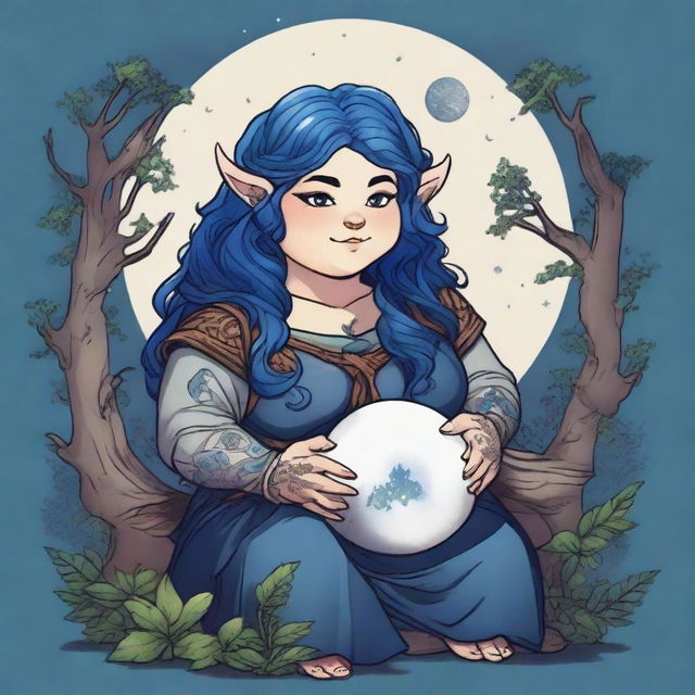 A chubby Dungeons & Dragons halfling moon druid with dark features, intricate star map tattoos covering their arms and shoulders, and dark blue hair