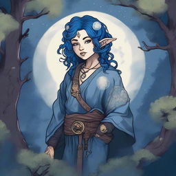 A Dungeons & Dragons halfling moon druid with dark features, intricate star map tattoos covering their arms and shoulders, and dark blue hair