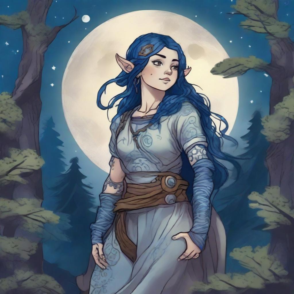 A Dungeons & Dragons halfling moon druid with dark features, intricate star map tattoos covering their arms and shoulders, and dark blue hair