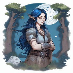 A Dungeons & Dragons halfling moon druid with dark features, intricate star map tattoos covering their arms and shoulders, and dark blue hair