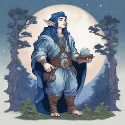 A Dungeons & Dragons halfling moon druid with dark features, intricate star map tattoos covering their arms and shoulders, and dark blue hair