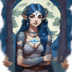 A female Dungeons & Dragons halfling moon druid with dark features, intricate star map tattoos covering her arms and shoulders, and dark blue hair