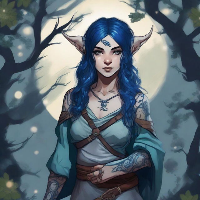 A female Dungeons & Dragons halfling moon druid with dark features, intricate star map tattoos covering her arms and shoulders, and dark blue hair