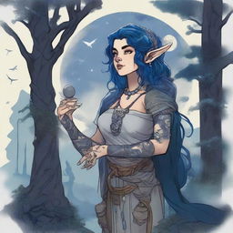 A female Dungeons & Dragons halfling moon druid with dark features, intricate star map tattoos covering her arms and shoulders, and dark blue hair