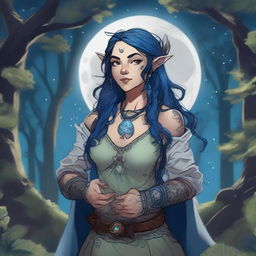 A female Dungeons & Dragons halfling moon druid with dark features, intricate star map tattoos covering her arms and shoulders, and dark blue hair