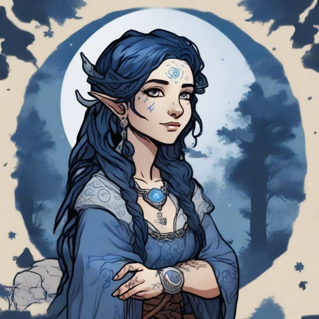 A female Dungeons & Dragons halfling moon druid with dark features, intricate star map tattoos covering her arms and shoulders, and dark blue, almost black, hair