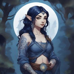 A female Dungeons & Dragons halfling moon druid with dark features, intricate star map tattoos covering her arms and shoulders, and dark blue, almost black, hair