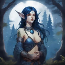 A female Dungeons & Dragons halfling moon druid with dark features, intricate star map tattoos covering her arms and shoulders, and dark blue, almost black, hair