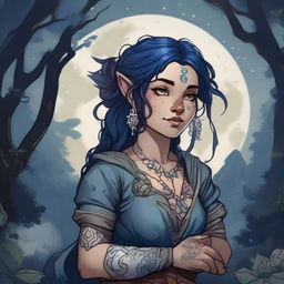 A female Dungeons & Dragons halfling moon druid with dark features, intricate star map tattoos covering her arms and shoulders, and dark blue, almost black, hair