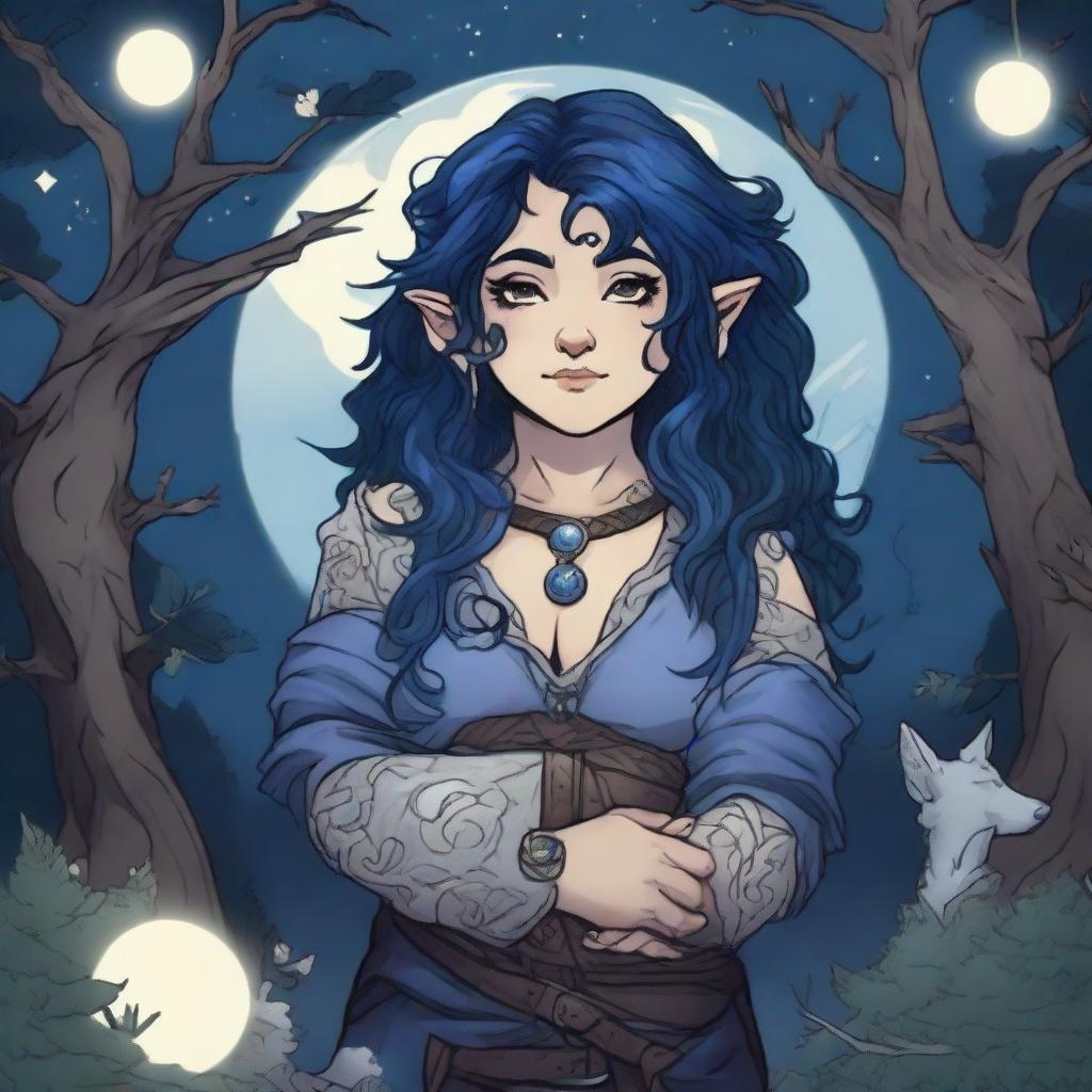 A slightly chubby female Dungeons & Dragons stout halfling moon druid with dark features, intricate star map tattoos covering her arms and shoulders, and dark blue, almost black, hair