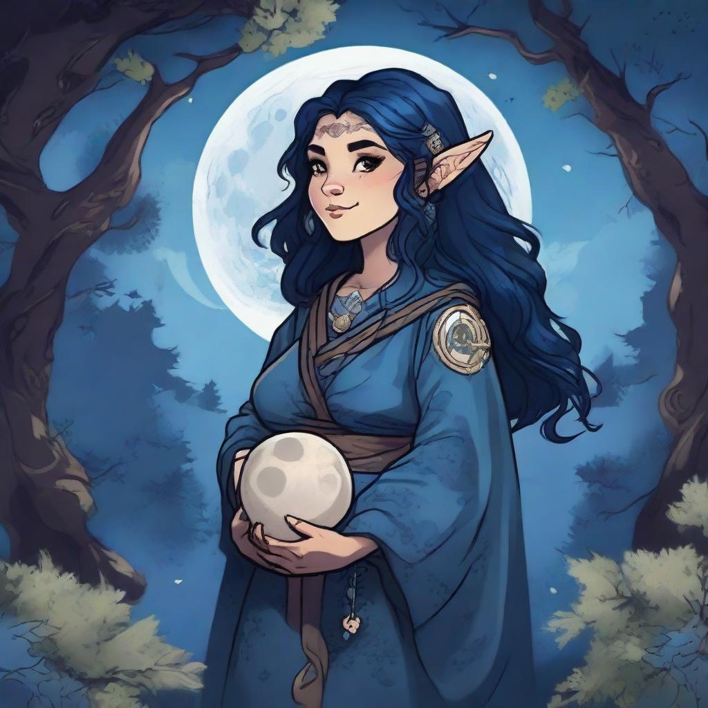 A slightly chubby female Dungeons & Dragons stout halfling moon druid with dark features, intricate star map tattoos covering her arms and shoulders, and dark blue, almost black, hair