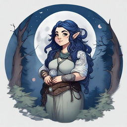 A slightly chubby female Dungeons & Dragons stout halfling moon druid with dark features, intricate star map tattoos covering her arms and shoulders, and dark blue, almost black, hair