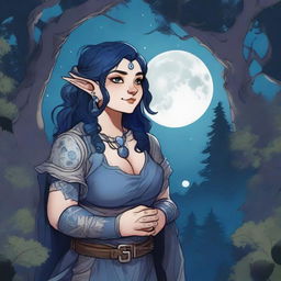 A slightly chubby female Dungeons & Dragons stout halfling moon druid with dark features, intricate star map tattoos covering her arms and shoulders, and dark blue, almost black, hair