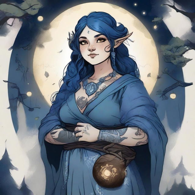 A slightly chubby female Dungeons & Dragons stout halfling moon druid with dark features, intricate star map tattoos covering her entire body, and dark blue, almost black, hair