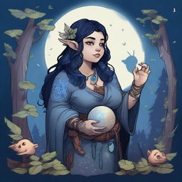 A slightly chubby female Dungeons & Dragons stout halfling moon druid with dark features, intricate star map tattoos covering her entire body, and dark blue, almost black, hair