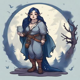 A slightly chubby female Dungeons & Dragons stout halfling moon druid with dark features, intricate star map tattoos covering her entire body, and dark blue, almost black, hair