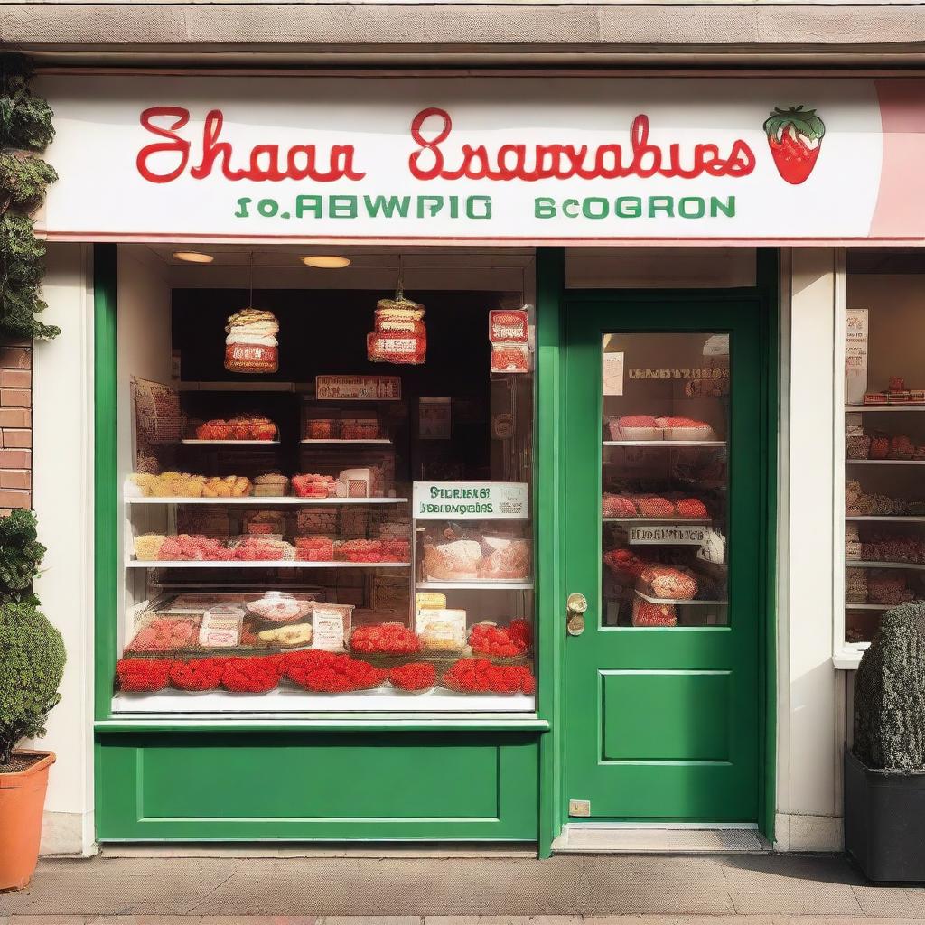 A charming storefront display of a shop selling strawberries with cream