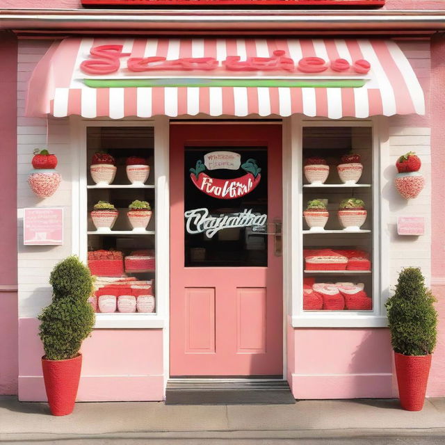 A charming storefront display of a shop selling strawberries with cream