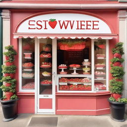 A charming storefront display of a shop selling strawberries with cream