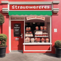 A charming storefront display of a shop selling strawberries with cream