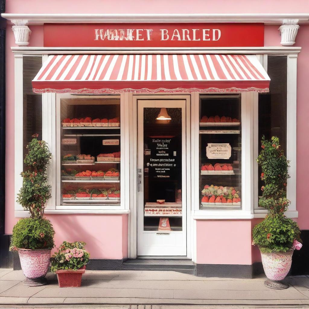 A charming storefront display of a shop called 'Market Strawberries' selling strawberries with cream