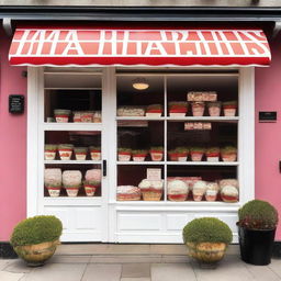 A charming storefront display of a shop called 'Market Strawberries' selling strawberries with cream