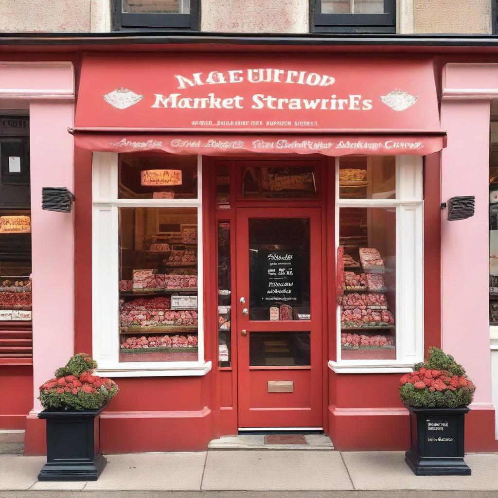 A charming storefront display of a shop called 'Market Strawberries' selling strawberries with cream