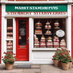 A charming storefront display of a shop called 'Market Strawberries' selling strawberries with cream