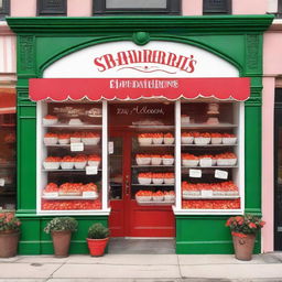 A vibrant and inviting exterior storefront display for a shop specializing in strawberries with cream