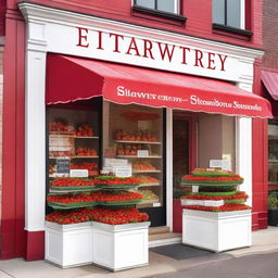 A vibrant and inviting exterior storefront display for a shop specializing in strawberries with cream