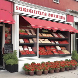 A vibrant and inviting exterior storefront display for a shop specializing in strawberries with cream