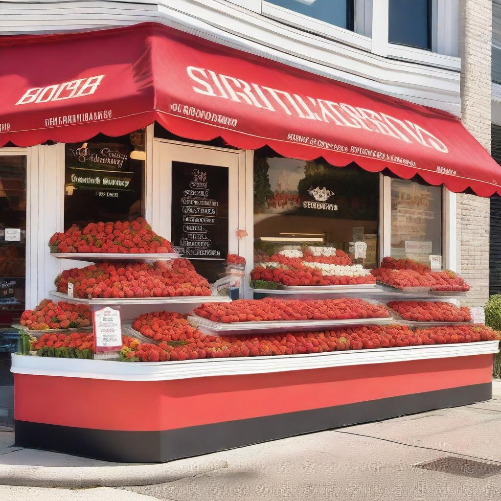 A vibrant and inviting exterior storefront display for a shop specializing in strawberries with cream