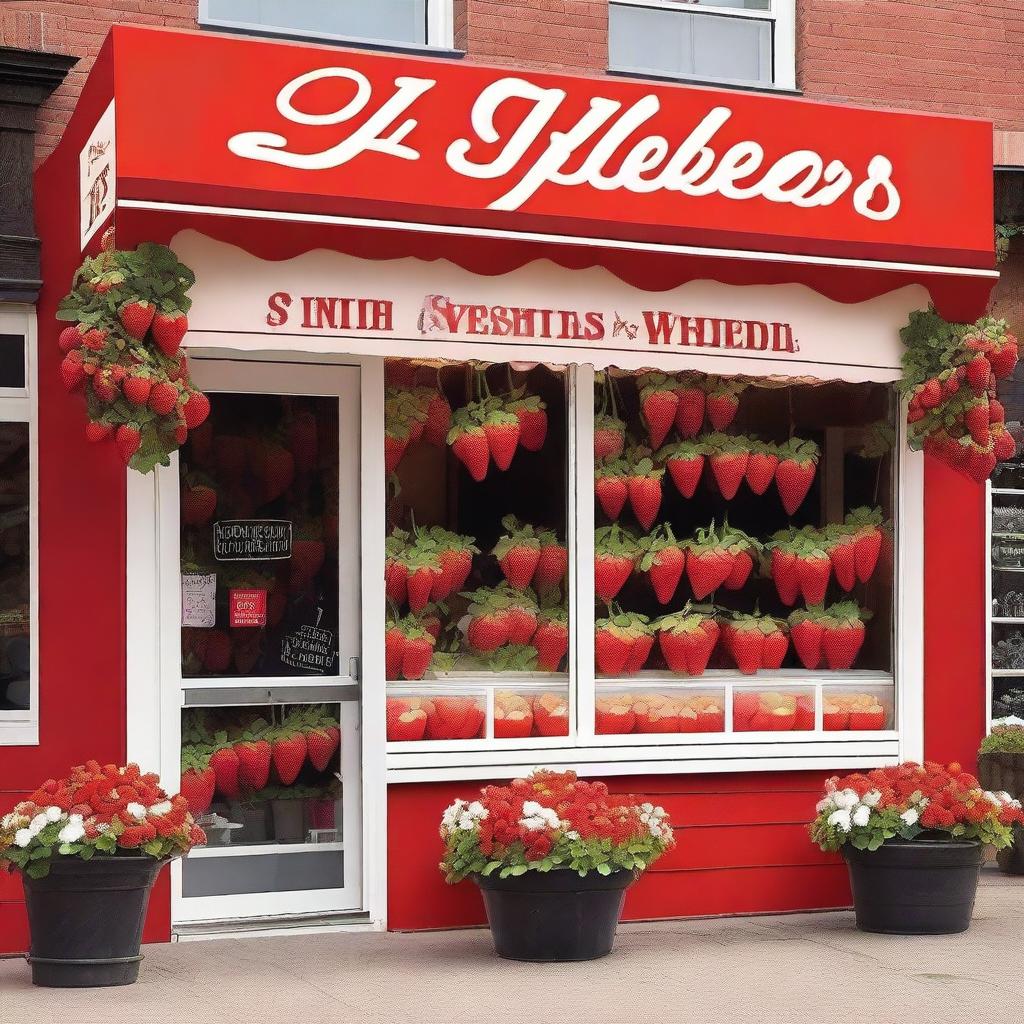 A vibrant and inviting exterior storefront display for a shop specializing in strawberries with cream