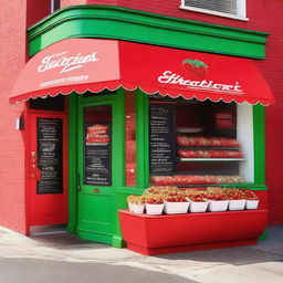 A vibrant and inviting exterior storefront display for a shop specializing in strawberries with cream