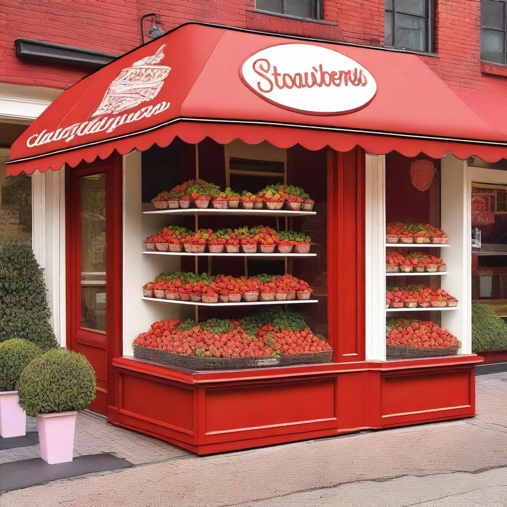 A vibrant and inviting exterior storefront display for a shop specializing in strawberries with cream