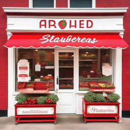 A vibrant and inviting exterior storefront display for a shop specializing in strawberries with cream