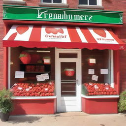 A vibrant and inviting exterior storefront display for a shop specializing in strawberries with cream